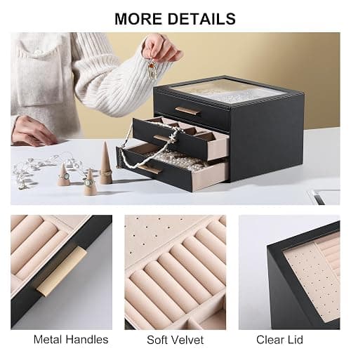 Frebeauty Jewelry Box for Women,Clear Lid Jewelry Organizer with 3 Drawers | Faux Leather,Velvet Lining,3 Layers,Jewelry Storage for Ring Earring Stud,Dustproof Design,Gift Choice,Golden Stylish Handle thumbnail 5