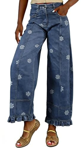 utcoco Barrel Jeans Women 2026 Floral Print Wide Leg Jeans Y2k Patchwork Baggy Boyfriend Denim Pants thumbnail 2