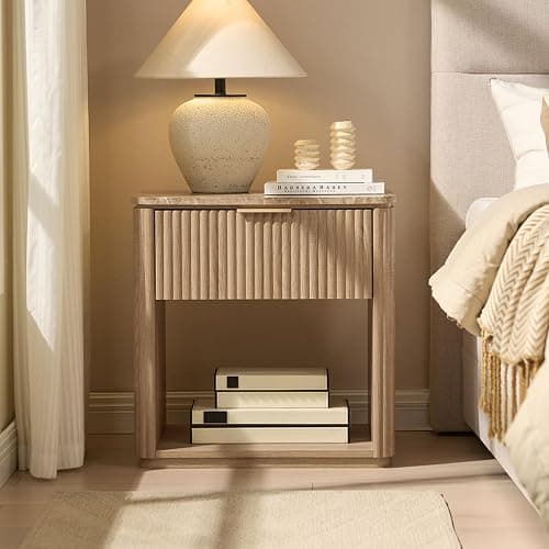 Fluted Nightstand Set of 2, Bedside Table with Faux Marble-Top, Engineered Wood Side Table with Drawer Open Shelf, Curved Corners, Modern Night Stand for Bedroom, Small Spaces, Natural Oak thumbnail 7