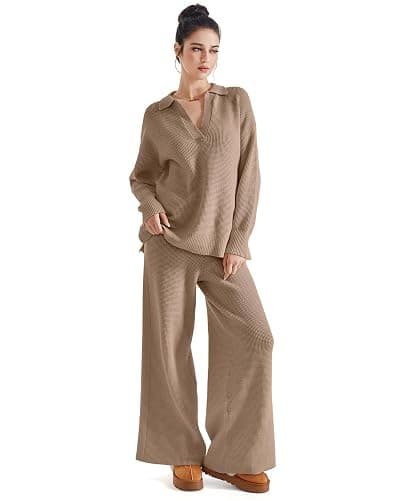 SUUKSESS Women 2 piece Fall outfits Long Sleeve Oversized Matching Lounge Set Waffle Knit Polo Sweater sets (Khaki,M) thumbnail 3