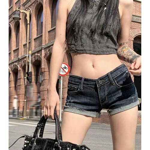 Baitang Gym Shorts for Women Women's Low Tight Curled Denim Shorts Summer Girl Street Casual Hip Wrap Mini Shorts Female thumbnail 2