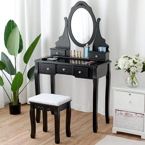 Giantex Vanity Set with Oval Mirror & Cushioned Stool, Makeup Dressing Table Large Storage with 5 Drawers, Mirrored Bedroom Vanities Makeup Table for Kids Girls Women, Easy Assembly (Black) thumbnail 2