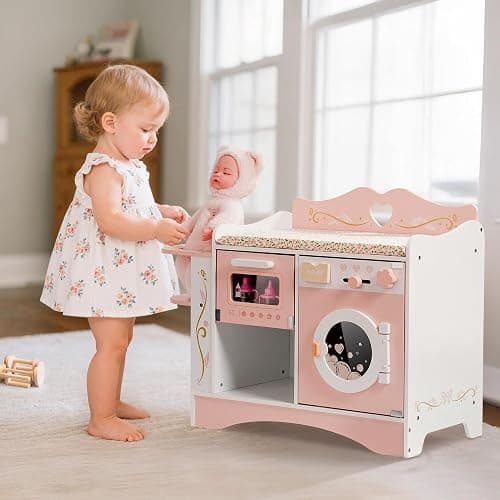 ROBOTIME Wooden 6-in-1 Baby Doll Changing Table with Baby Doll Crib, Washing Machine, Bottle Sterilizer, Storage Area, and Doll Seat, Ideal Role-Playing Toy for Kids 3+, Fits Dolls Up to 20 in, Pink thumbnail 9
