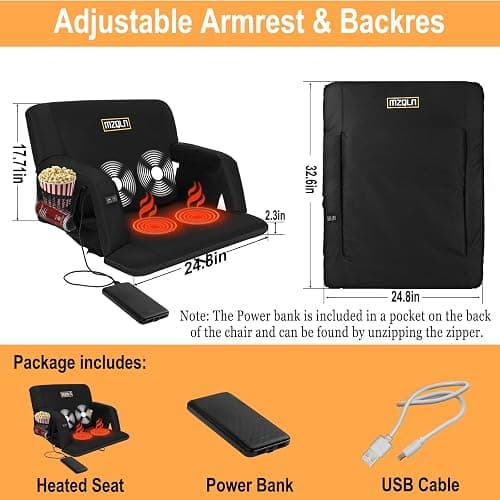 MZQLN Heated Massage Reclining Stadium Seat, Bleacher Chair with 10000mAh Portable Bank, 6 Reclining Positions for Camping, Games & Sports thumbnail 2