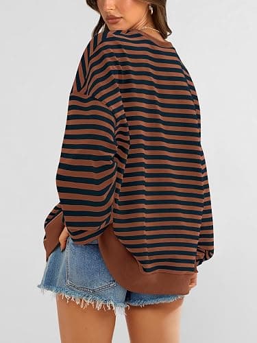PRETTYGARDEN Womens Striped Oversized Sweatshirt Color Block Crew Neck Long Sleeve Casual Loose Pullover Top Y2K Clothes thumbnail 5