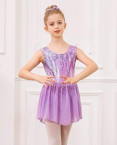 Idgreatim Gymnastics Leotards for Girls 3-Piece Outfit with Skirt 4-11Y | 3-piece set: foil-print leotard, removable sequin skirt and matching scrunchie; crisscross back; 95% polyester, 5% spandex. thumbnail 4