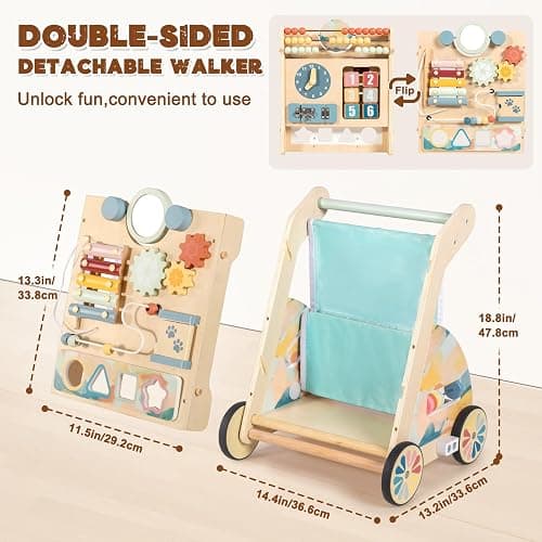 LOL-FUN Wooden Baby Walker with Double-Sided Busy Board, Push Walker for Baby with Adjustable Speed Wheels, Activity Learning Walker for Boys 12 Months thumbnail 2