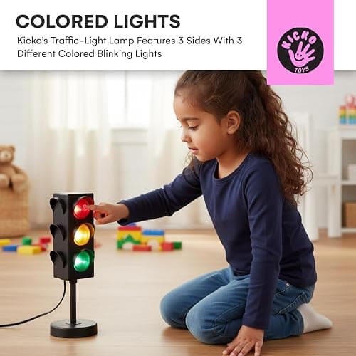 Kicko 11-Inch Traffic Lights Lamp with Base - 4-Mode Color Changing Stop Light Lamp for Kids’ Bedroom, Party Decoration or Playroom - Battery or USB Powered Mini Lighting - Ideal Traffic Light Decor thumbnail 2