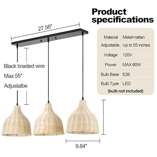 TERLEENART Bobo 3 Light Pendant Light, Hard Wired Hanging Chandelier with 9.84” Dome Rattern Wicker Shade,Suspended Lighting Fixture for for Kitchen Island Dining Bedroom Living Room Restaurants thumbnail 7