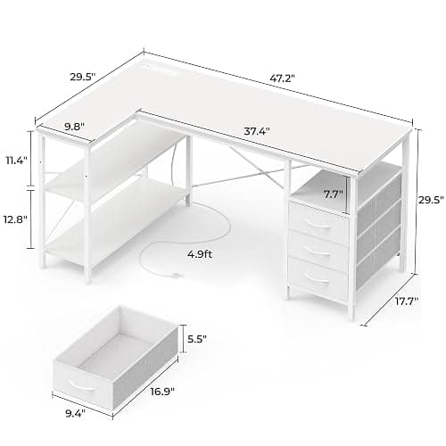 Huuger L Shaped Office Desk with Power Outlets, 47 Inch Computer Desk with 3 Drawers, Shelves, for Gaming, Corner Work, Home Office, Study, White thumbnail 3