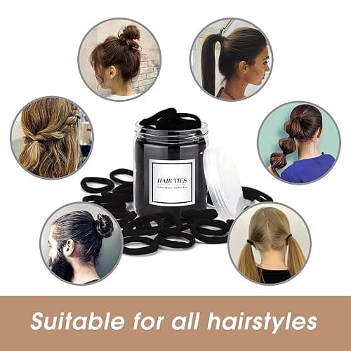 iFwevs 50PCS Black Hair Ties,Cotton Seamless Ponytail Holders,No Damage Elastics Hair Bands for Thick Heavy &Curly Hair - A-black thumbnail 4