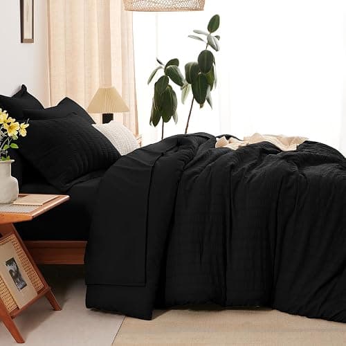CozyLux Twin XL Comforter Set with Sheets Seersucker Black 5 Pieces Bed in a Bag, Twin Extra Long Luxury Soft Bedding Sets for College Dorm with Down Alternative Comforter, Sheets, Pillowcases & Shams thumbnail 6