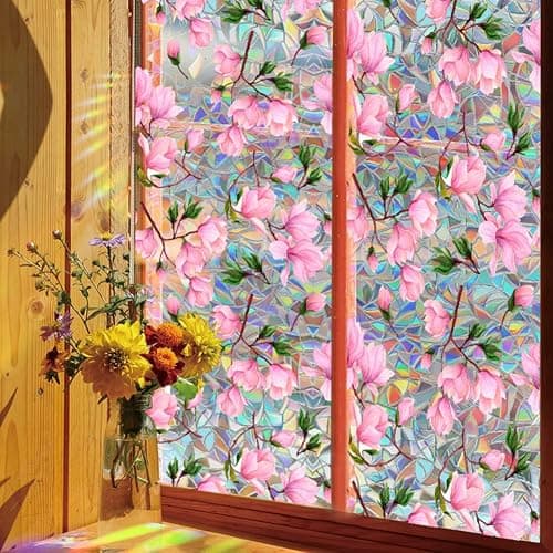 Fenster-Sichtschutzfolie, Regenbogen-Magnolien-Blume, Sonnenblockierung, 3D-Dekor, PVC, Buntglas-Fensteraufkleber, nicht klebend, statisch haftend für Zuhause, Büro, 42 x 100 cm thumbnail 6