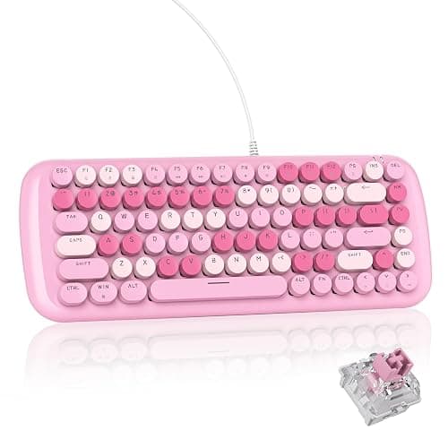 iRoboosta Pink Creamy Mechanical Gaming Keyboard, Aesthetic w/White Backlit, 84 Keys Cute Retro Typewriter Computer Keyboard Wired, Round Keycaps for Windows/PC/PS5 - Image 1