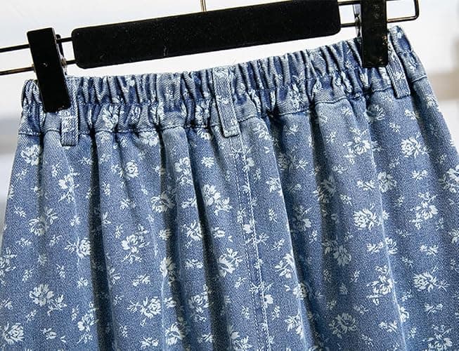 chouyatou Women's Vintage Floral Print Denim Skirt High Elastic Waist A Line Pleated Midi Long Jean Skirt with Pockets thumbnail 6