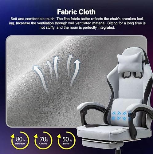 Fabric Massage Gaming Chair, Ergonomic Computer Chair, Video Game Chair, Massage Office Chair, Desk Swivel Chair, Adjustable, Reclining, Footrest, Massage Cushion, Fabric Material, Grey, New thumbnail 3