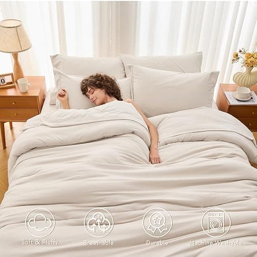 MUXHOMO 7 Pieces Full Comforter Set, Soft Bed in a Bag Full Size, All Season Bedding Set with Comforter, Flat Sheet, Fitted Sheet, Pillowcases & Shams, Beige thumbnail 2