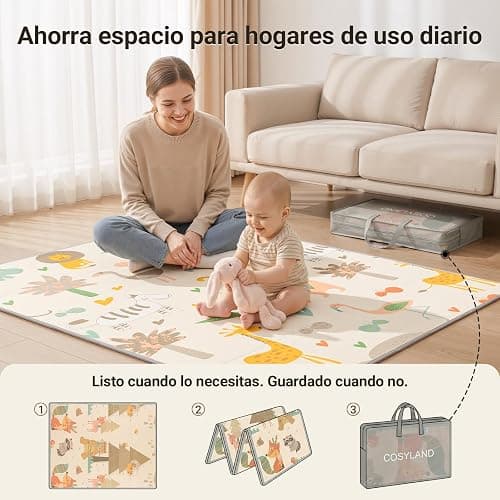 COSYLAND Alfombra Bebé Acolchada Plegable XPE Reversible, Tapete de Juegos Infantil Antideslizante e Impermeable para Suelo, Colchoneta Bebé, Animales Dormidos, Zorro y Oso Pardo, 150 x 180 x 1 cm thumbnail 6