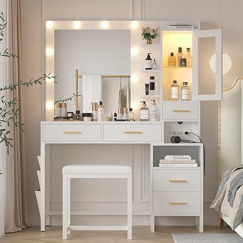 White Vanity Desk with Lighted Mirror and Chair, Makeup Vanity with Charging Station, 5 Drawers Vanity Table Set with LED Cabinet & Storage Bag, Makeup Dressing Table for Girls Women - Modern White