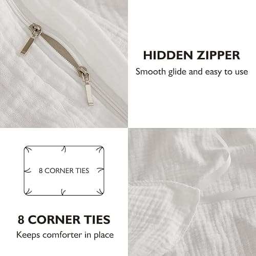 EMME Cream White Muslin Duvet Cover Queen Size, 100% Cotton Soft Gauze Bedding Set with 2 Pillowcases, Breathable Lightweight All Season Comforter Cover with Zipper & Corner Ties, 90"x90" thumbnail 7