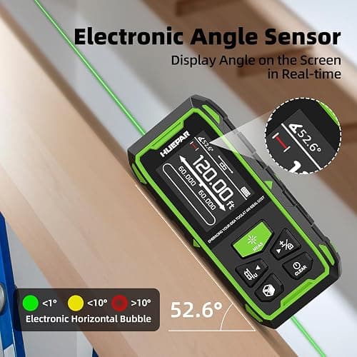 Huepar Dual Laser Measuring Tool, 656Ft Green-Beam Bilateral Digital Laser Distance Measure 6 Units Ft/in/M, Rechargeable Laser Measurement Tool -Backlit LCD Display, Length/Area/Volume/Angle Sensor thumbnail 7