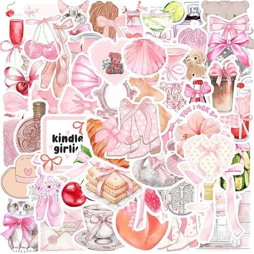 100PCS Aesthetic Stickers,Coquette Girly Stickers Pack,Pink Bow Stickers,Laptop Water Bottles Scrapbook,Disco Ball Stickers Decals - Image 1