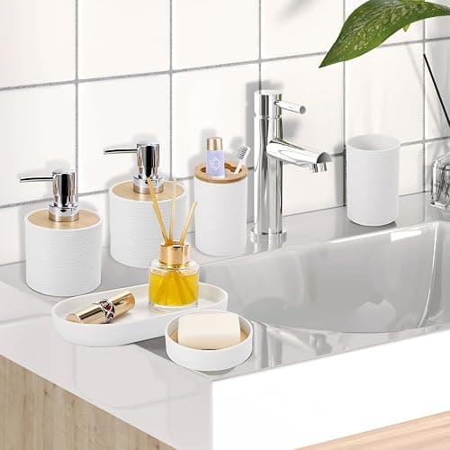 XLHOMO White Bathroom Set, White Bathroom Accessories Set with Trash Can, 2PCS Soap Dispensers, Soap Dish, Toothbrush Holder, Toothbrush Cup,Toilet Brush, Tray and Qtip Holders for Bathroom Decor thumbnail 5