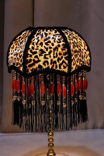Rynbble Vintage Leopard Print Table Lamp with Black Tassels & Red Beads, Victorian Style Nightstand Lamp, Gold Brass Base, Retro Bohemian Accent Light for Bedroom, Living Room, Home Office thumbnail 8