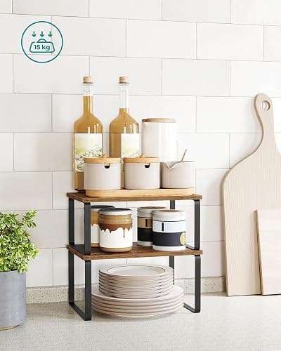 SONGMICS Spice Rack, Set of 2 Cupboard Shelf Organiser, Expandable Kitchen Shelf Organiser, Stackable Spice Holder, Metal and Engineered Wood, Black and Rustic Brown KCS020X01 thumbnail 5