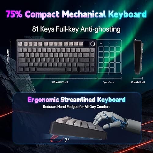 LEOBOG x Aula F75 MAX Wireless Gaming Keyboard w/Smart Display & Knob,75% Hot Swappable Custom Mechanical Keyboard, RGB Backlit,Pre-lubed Linear Switches,Side Printed PBT Topographic Keycaps(Grey) thumbnail 5