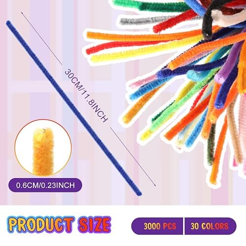 Yunsailing 3000 Pcs Pipe Cleaners Bulk Craft Supplies 6 mm x 12 Inch Chenille Stems Pipe Cleaner for DIY Arts Crafts Decorations Flowers Decor(Multicolor) thumbnail 2