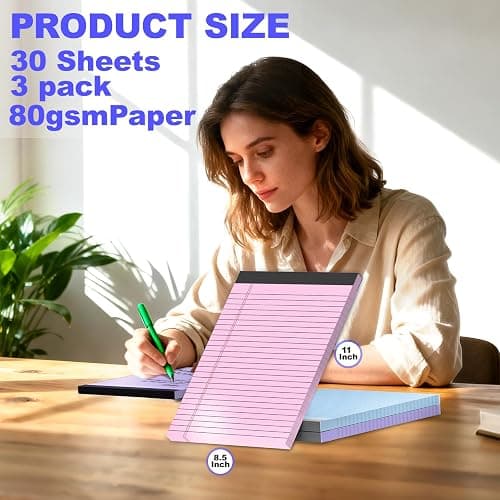 Gehanfai 3 Pack Colored Legal Pads 8.5 x 11 Inch, Wide Ruled Notepads Lined Memo Note Pads, 8.5x11 Inch Micro Perforated Writing Pads 30 Sheets Per Pad for Work Study Daily Note Taking List thumbnail 2