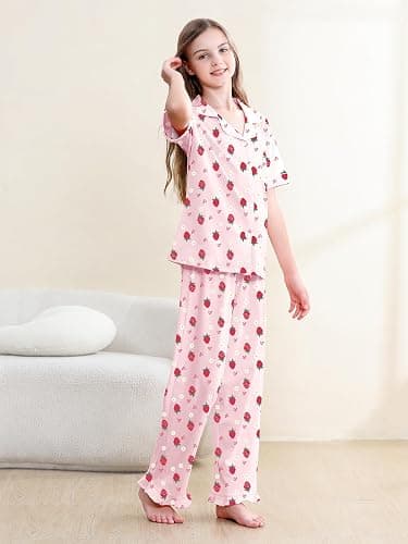QZH.DUAO 3 Piece Girls Pajama Sets 100% Cotton Ruffle Long Pants with Shorts Sleepwear 3pcs Button Down PJs 5-14 Years thumbnail 7