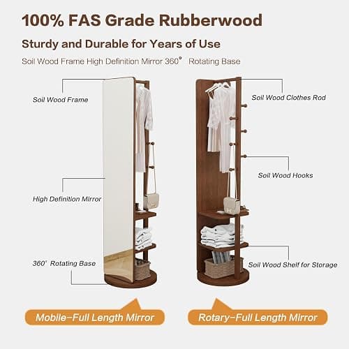 HRVEOCEI Clothes Rack with Full-length Mirror, Swivel Full-Length Mirror & Rotating Mirrors with Storage, Floor Length Mirrors with Hanger and Open Shelves, Space Saver (Walnut, 65.7 * 17.7) thumbnail 5
