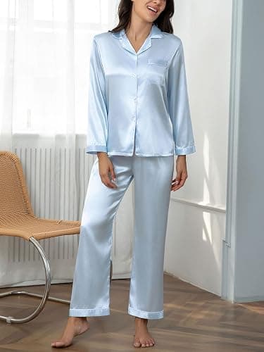 CloudLike Women Silk Satin Pajamas Sets 2 Piece Fall Pj Long Sleeve Button Down Sleepwear Nightwear Mathching Loungewear thumbnail 5
