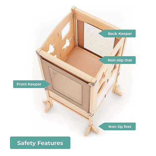 Guidecraft Classic Kitchen Helper® Toddler Tower and 2 Keepers - Natural: Folding Wooden Adjustable Height Platform, Kitchen Montessori Learning Step Stool, Chalkboard, Supports Up to 125lbs - Natural thumbnail 4