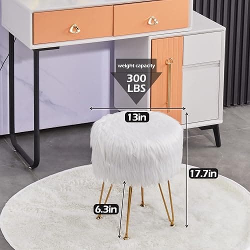 Mxfurhawa Faux Fur Storage Ottoman Round Furry Vanity Stool Marble Grain Tray Coffee Table Compact Footrest with 4 Metal Legs Soft Makeup Seat Foot Stool for Living Room Bedroom Entryway White thumbnail 3