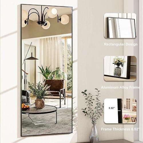 HARRITPURE 21"x56" Full Length Mirror with Stand, Rectangle Floor Standing Mirror, Black Aluminum Thin Frame Free Standing or Wall-Mounted Full Body Mirror for Living Room Bedroom thumbnail 4