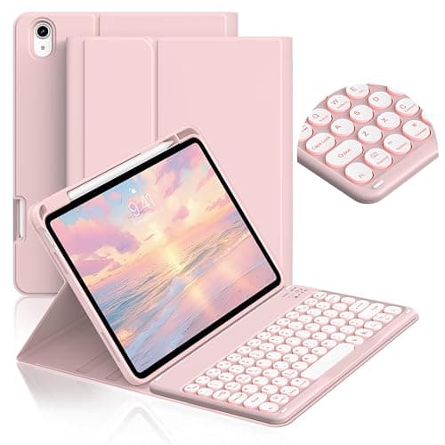 JKSML for iPad (A16) 11th/10th Gen case with Keyboard, Round Key, 7 Color Backlit, Detachable Wireless Keyboard, Stand Folio Cover with Side Pen Holder for iPad 10.9" (2022)/ 11" (2025) - Pink-N - Image 1
