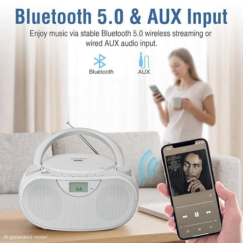 Nextron Portable CD Player Boombox with Bluetooth, AM/FM Radio & USB | CD-R/RW, MP3-CD & USB Playback, Stereo Sound, Bass Boost, AUX Input, Headphone Jack, LCD Display, AC/Battery Powered - White thumbnail 6