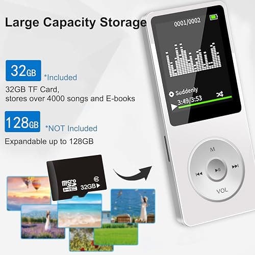 MP3 Player with Bluetooth 5.0, 1.8 inch Screen Portable Music Player with HD Speaker, HiFi Music Supports FM Radio, Voice Recorder, Supports Expanded Up to 128GB(White, 32GB) thumbnail 5