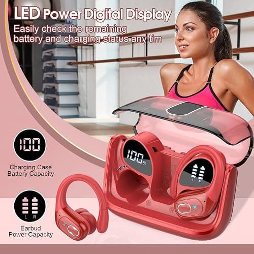 Aptkdoe Wireless Earbuds 75hrs Bluetooth 5.4 Headphone Sport, 2025 Bluetooth Earbuds Stereo Deep Bass Over Ear Bud with Earhooks, ENC Noise Cancelling Mic, IPX7 Waterproof Earphone, Red thumbnail 6