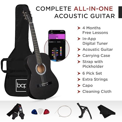 Best Choice Products 38in Beginner All Wood Acoustic Guitar Starter Kit w/Gig Bag, 6 Picks, Nylon Strings, Strap w/Pick Holder - Matte Black thumbnail 3