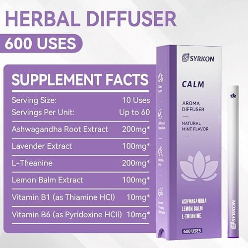 Herbal Diffuser Pen, Supports a Calm Mood | Relaxed Feelings, Mint Flavor, Ashwagandha, Lavender, L-Theanine, Lemon Balm, Vitamin B1 & B6, 600 Uses thumbnail 2