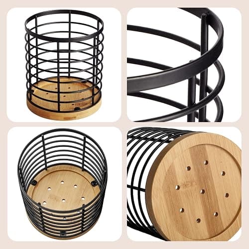 WDT Tool Utensil holder for Kitchen Counter - 5.2" x 5.2" x 6" Large Round with Wooden Base Matte Black Cooking Utensil Holder Utensil Organizer (Metal+Bamboo) thumbnail 4