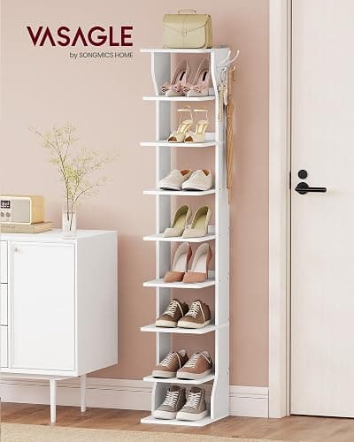 VASAGLE Slim Shoe Rack, Narrow Shoe Storage Organiser, 9-Tier Shoe Stand, for Small Spaces, Hallway, Cloakroom, Matte White LBS210WB01 thumbnail 2
