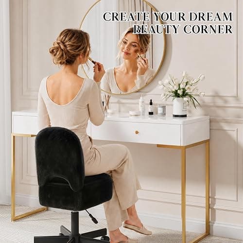 Kawest Black Rolling Vanity Chair with Storage and Adjustable Height | 360° rolling casters, adjustable height, soft faux fur, padded backrest and hidden storage for flexible beauty routines thumbnail 6