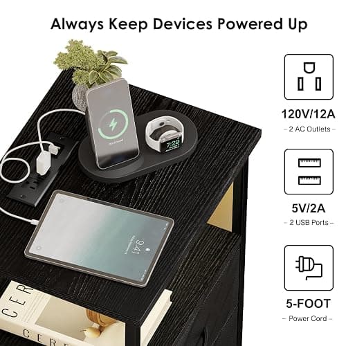 Fixwal Night Stand with Charging Station, LED Nightstand with U-S-B Ports and Outlets, 2 Fabric Storage Drawers with PU Finish, Small Bedside Table, Black thumbnail 5