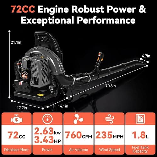 72CC Gas Backpack Leaf Blower with 235 MPH 760 CFM for Yard Debris, Gray | 2-Stroke, Adjustable Speed, Low Noise & Ergonomic Harness, Cruise Control, Commercial Lawn Care, Yard Debris & Debris Removal thumbnail 2