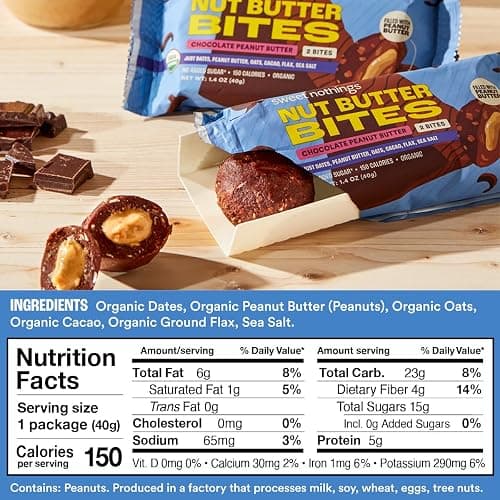 Sweet Nothings, Chocolate, USDA Organic Nut Butter Bites Protein Bar, Nut & Date Snack, Filled with Peanut Butter, 12-2 Bite Value Packs - No Added Sugar, Plant Based, Vegan, Only 7 Ingredients thumbnail 2